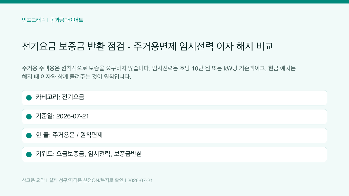 전기요금 보증금 반환 점검 - 주거용면제 임시전력 이자 해지 비교 인포그래픽