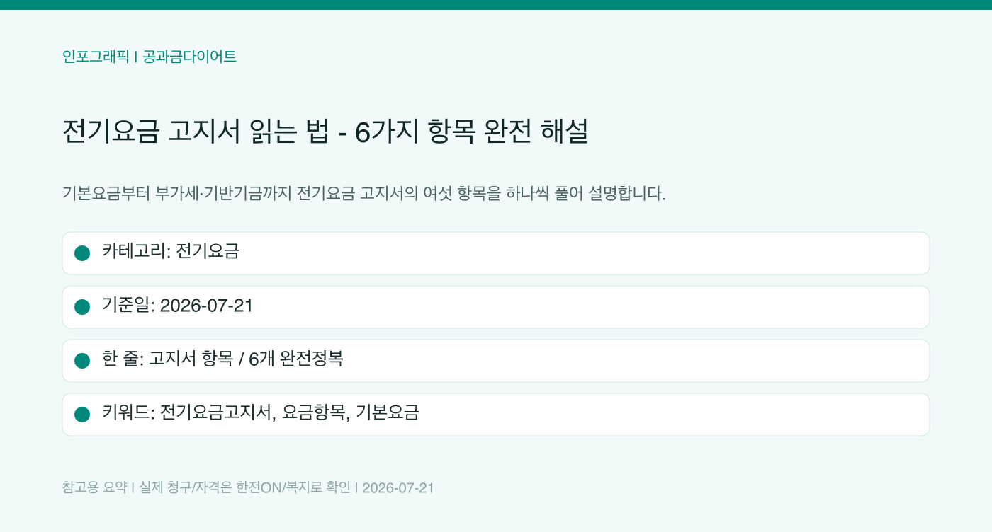 전기요금 고지서 읽는 법 — 6가지 항목 완전 해설 인포그래픽