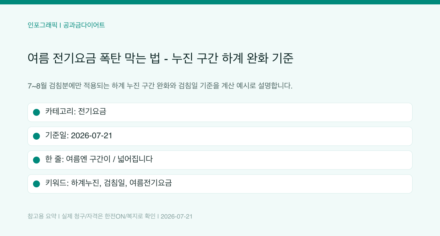 여름 전기요금 폭탄 막는 법 — 누진 구간 하계 완화 기준 인포그래픽